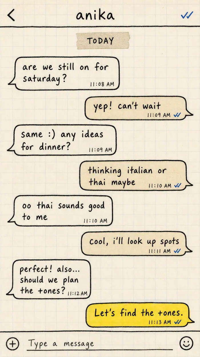 Conversation in Plus One with ink-filled sent bubbles and highlighter-yellow last message