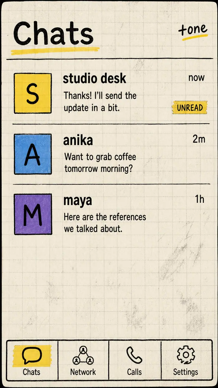 Chats list in the Plus One app on the Graphite and Pulp drafting-paper background